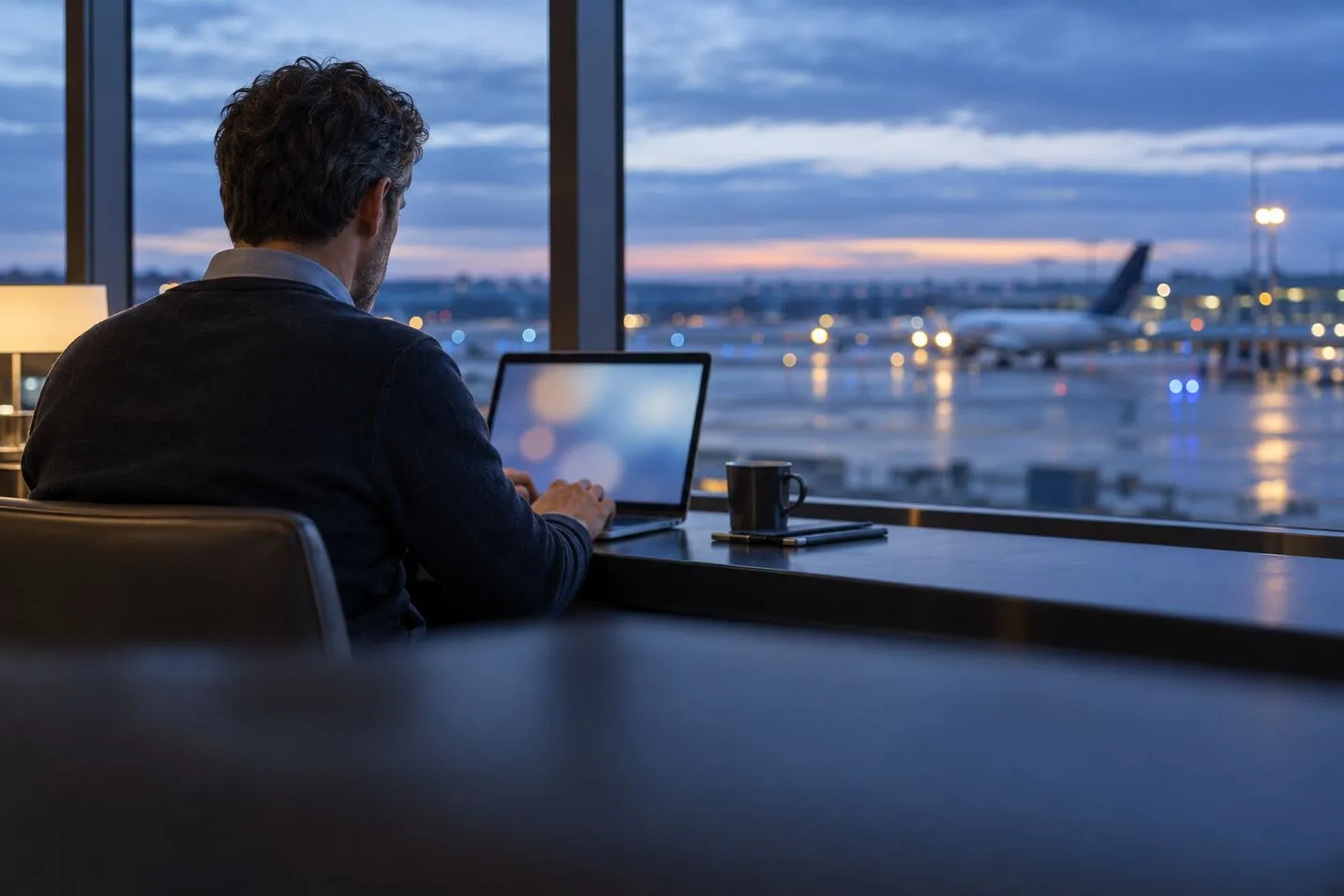 A traveler working on a laptop at an airport window at dawn