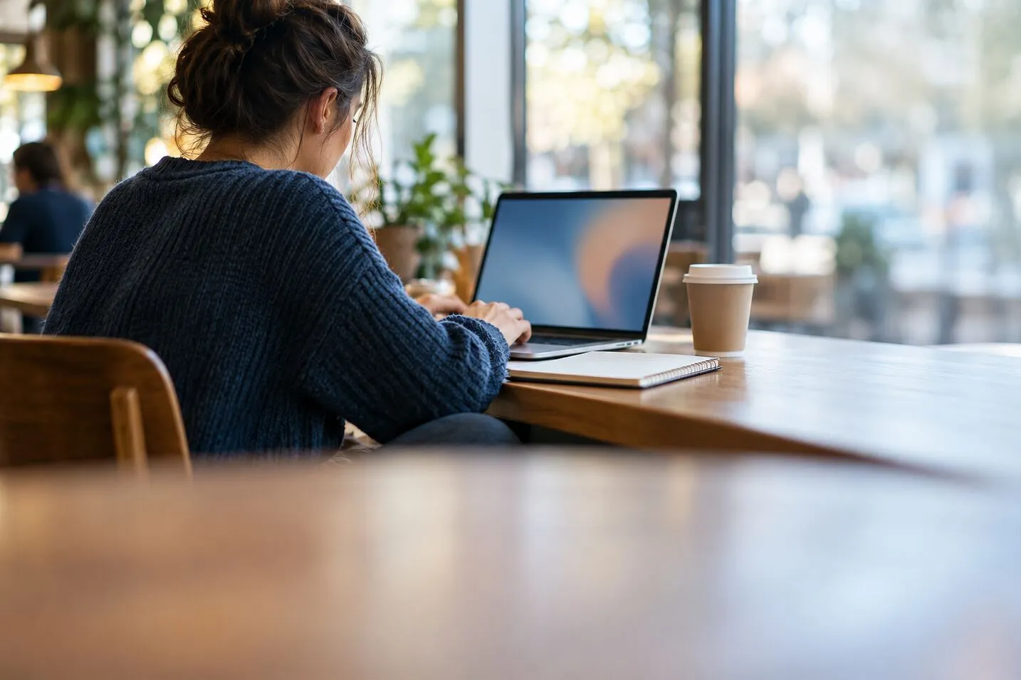 A student at a cafe table with a laptop and a coffee in soft daylight