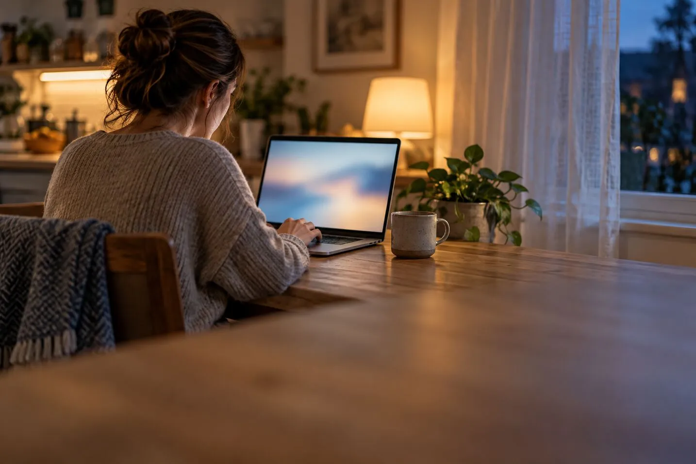 A woman working on a laptop at her kitchen table in the evening beside a half-drawn curtain