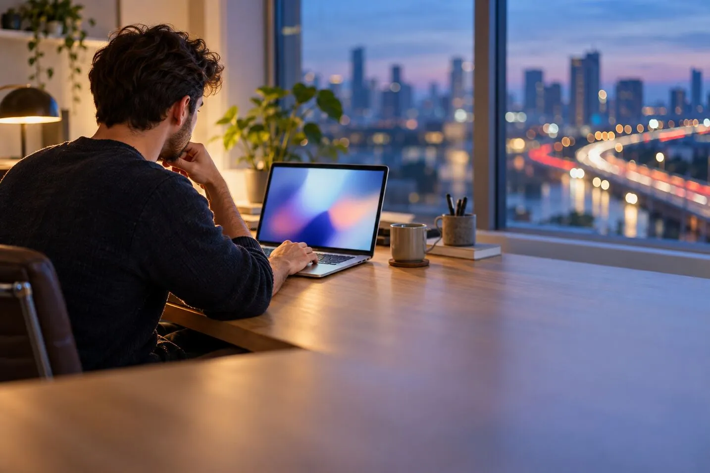 A man at a home-office desk by a window at dusk, city traffic blurred into light trails outside