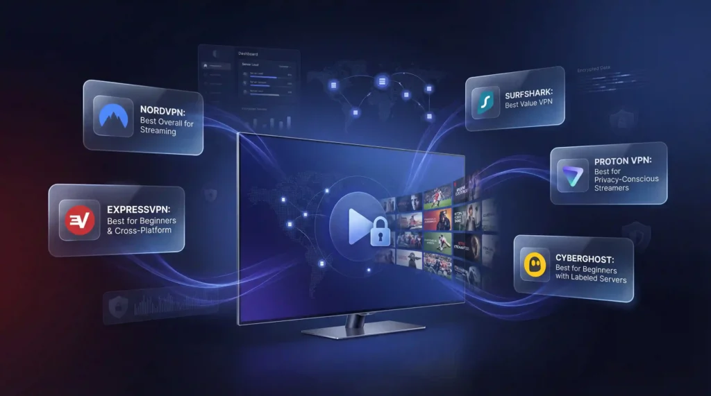 TV screen showing secure streaming apps with NordVPN, ExpressVPN, Surfshark, Proton VPN and CyberGhost highlighted as the best VPN for streaming.