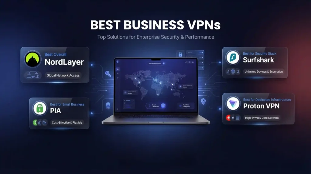 Comparison graphic of the best VPN for business, highlighting NordLayer, Surfshark, Proton VPN and PIA around a secure laptop network map.