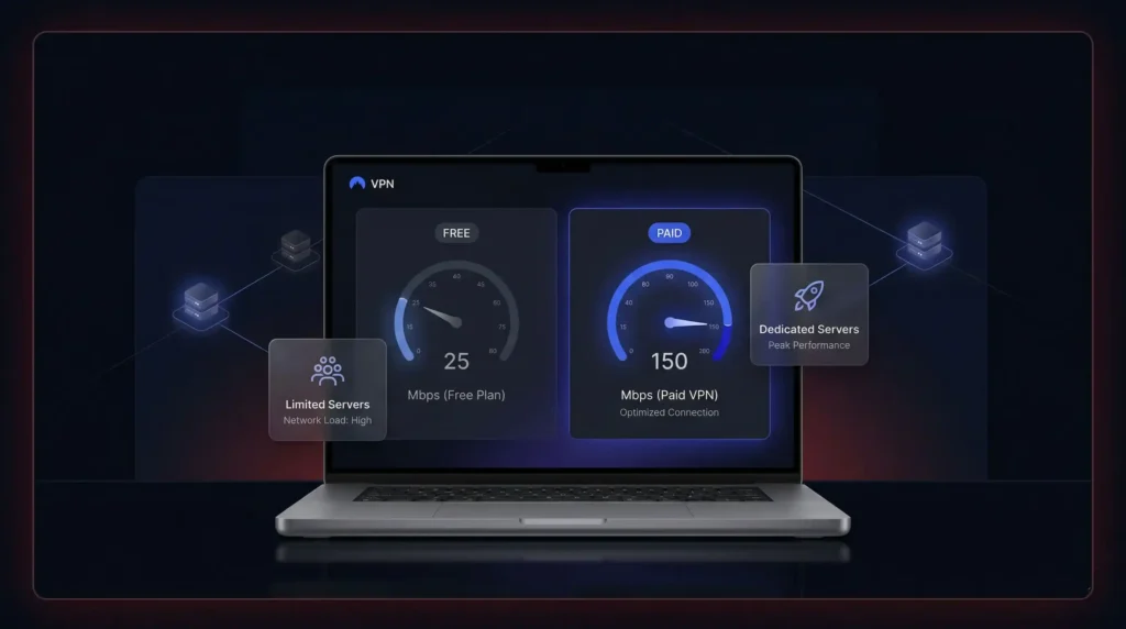 Speed comparison showing best free VPN at 25 Mbps with limited servers versus paid VPN at 150 Mbps with dedicated optimized connections