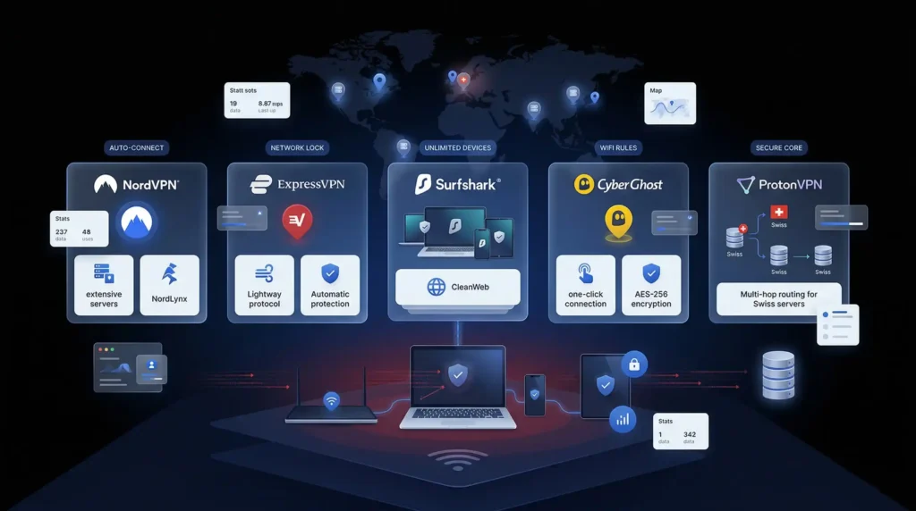 Best VPNs for public WiFi security comparison showing NordVPN, ExpressVPN, Surfshark, CyberGhost and ProtonVPN with auto-connect, network lock and secure core features