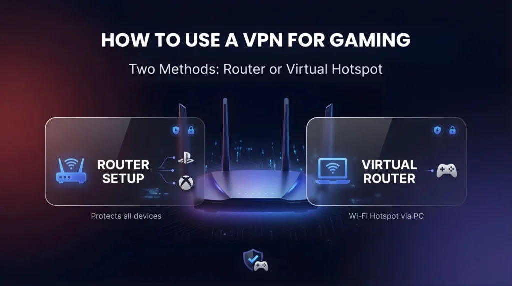 How to use the best VPN for gaming showing two setup methods: router protecting all devices and virtual hotspot via PC