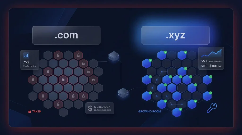 .com vs .xyz cost and availability comparison showing 75% of .com domains taken with high secondary market prices versus .xyz with 5M+ registrations and $10 to $100 per year pricing