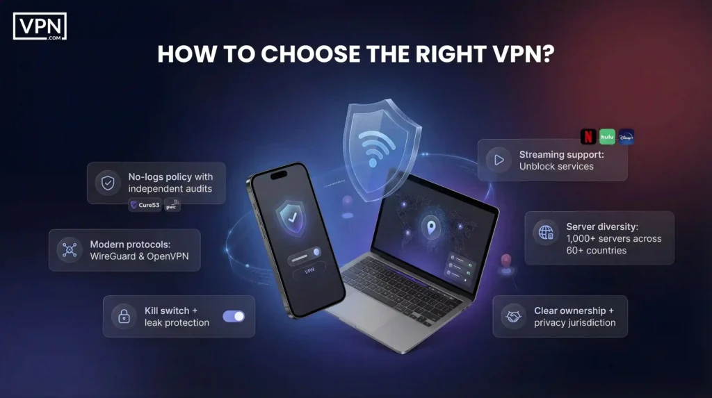 How to choose the best VPNs key features including no-logs policy, WireGuard protocol, kill switch, server diversity, and streaming support