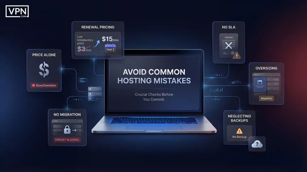 Common hosting mistakes to avoid renewal pricing, no SLA, oversizing, neglecting backups, no migration support, and choosing by price alone