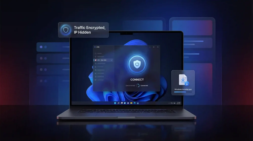How to set up a VPN on Windows showing VPN app connected to US server with encrypted traffic and hidden IP