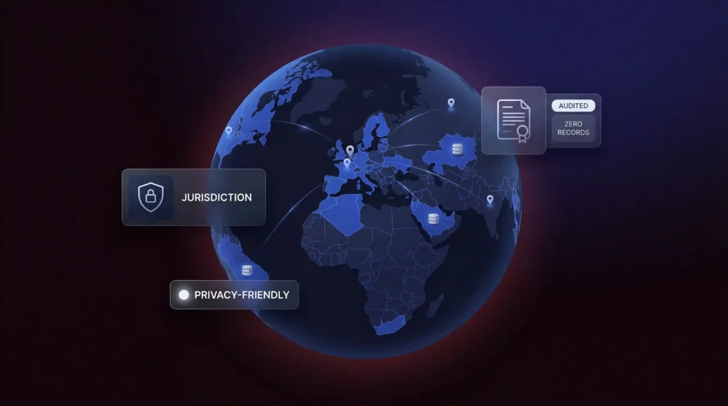 Globe showing key factors in how to choose a VPN including jurisdiction, privacy-friendly locations, and audited no-logs records