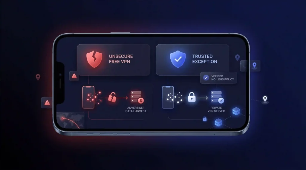 Comparison showing unsecure free VPN harvesting advertiser data versus a trusted VPN with verified no-logs policy and private server connection