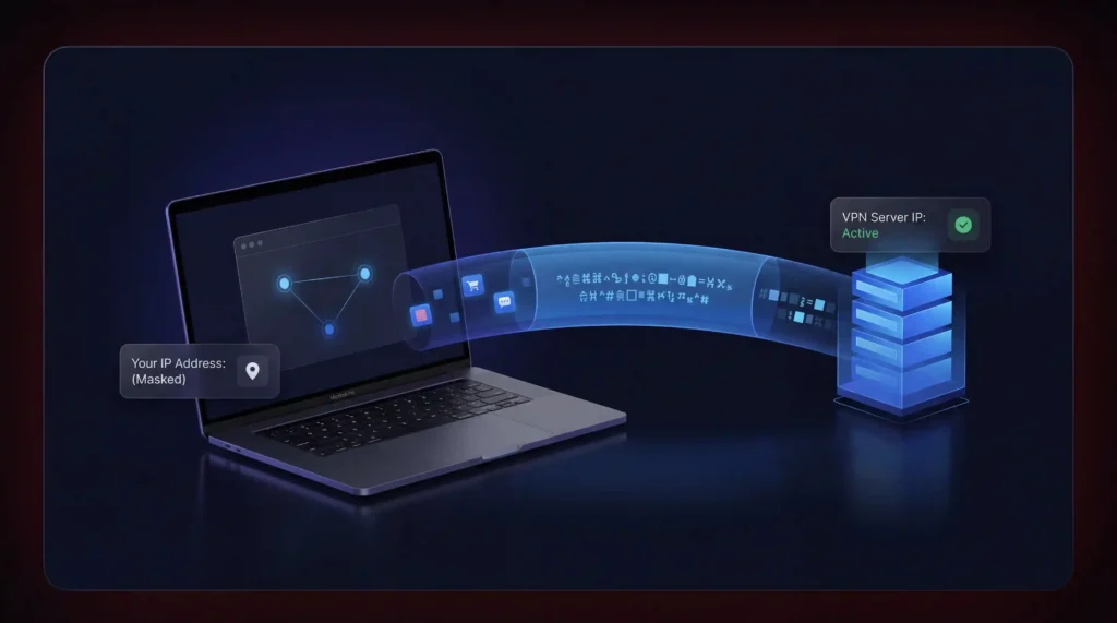 Diagram explaining how to choose a VPN by showing encrypted tunnel between masked IP address and VPN server
