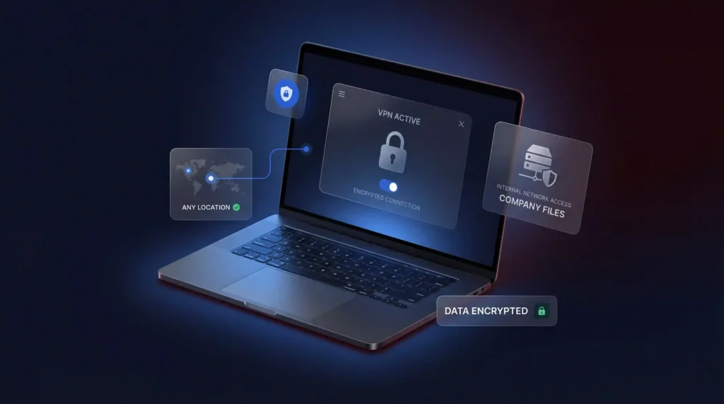 Laptop showing what is a VPN in action with active encrypted connection access from any location and secure internal network and company file access